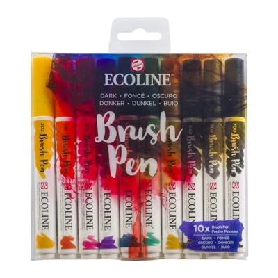Imagen de Ecoline Brush Pen Set de 10 Rotuladores Acuarela Líquida Tonos Oscuro Mezclables para Rotulación a Mano, Dibujo y Manualidades