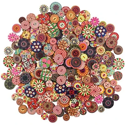 Imagen de YMWALK botones de madera, 300 piezas madera forma redonda impresos colores y tamaños mixtos para coser,manualidades,decoración,bricolaje (15 mm, 20 mm 25 100 cada uno)