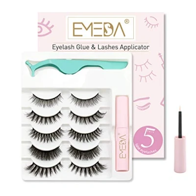Imagen de EMEDA pestañas postizas naturales con pegamento, 5 pares de ojos gato esponjosas Envase múltiple largas y gruesas pegamento aplicador Reusable Strip Lashes