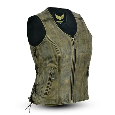 Imagen de Chaleco de cuero vintage para mujer, chaqueta/chaleco sin mangas búfalo grano superior genuino marrón envejecido. 4XL (20)