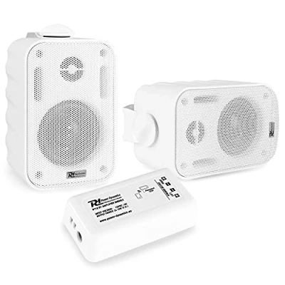 Imagen de Power Dynamics Pack de 2 Altavoces BGO30 Blancos con Amplificador BT10 Bluetooth, Resistente a la Intemperie, 60W, Estéreo, Soportes Montaje, Cable 10m, Ideal Interior y Exterior.