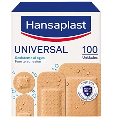 Imagen de Hansaplast Universal 100 surtido (4 tamaños), apósitos impermeables que repelen la suciedad, para heridas, tiras adhesivas con Bacteria Shield, 1 x ud