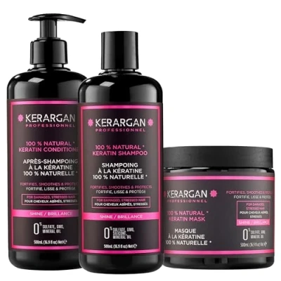 Imagen de Kerargan Trío Ultra Reparador Champú, Acondicionador &amp; Mascarilla con Queratina para Cabellos Dañados y Estresados Nutre, Suaviza Fortalece Sin Sulfatos, GMO, Silicona 3x500 ml