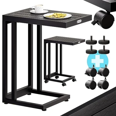 Imagen de CASARIA® Mesa Auxiliar Lateral Jardín 4 Ruedas Giratorias Patas Ajustables Carga 40Kg Marco Acero Resistente Intemperie Mesita Sofa Forma de C Negro