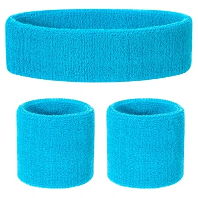 Imagen de ONUPGO Juego de bandas para el sudor niños, banda deportiva algodón deportes (1 diadema + 2 pulseras) (azul neón)
