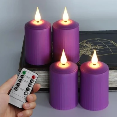 Imagen de FREEPOWER 4 velas LED de color lila con mando a distancia, temporizador, para exteriores, funciona pilas, sin llama, Advens, blanco cálido, diámetro 5 x 10.5cm