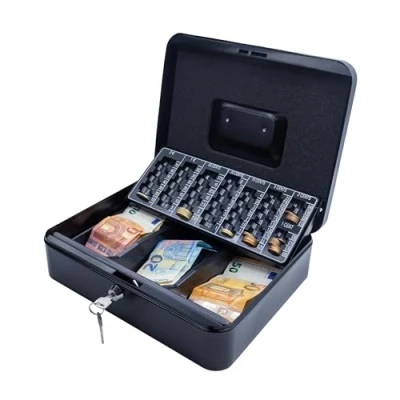 Imagen de iggual Caja de Efectivo con 2 Llaves para Contar y Transportar Dinero, caudales portátil Bandeja Organizador Monedas Billetes, Negro