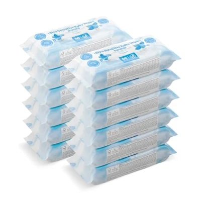 Imagen de Marca Amazon Mama Bear Ultra Sensitive Toallitas humedas para bebé, Sin fragancia, 720 Unidad, 12 Paquetes de 60, (100% tejido biodegradable)