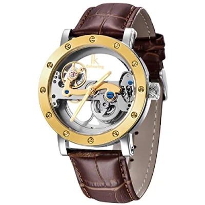 Imagen de Alienwork IK Reloj Automático Hombre Mujer Plateado Pulsera de Cuero Marrón Esqueleto Fondo Vidrio