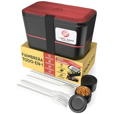 Imagen de Umami Fiambrera Para Comida De Trabajo, Bento Lunch Box, Apilable, Con 4 Compartimentos, Cubiertos, Botes Salsa, Caja Almuerzo, Apta Microondas, Porta Alimentos 100% Hermética