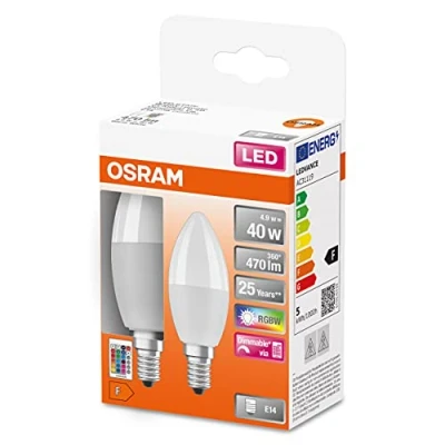 Imagen de OSRAM LED STAR+ RGBW lámpara esmerilada para casquillo E14, los colores se pueden cambiar por control remoto, forma de vela, reemplazo las bombillas convencionales 40W, paquete doble