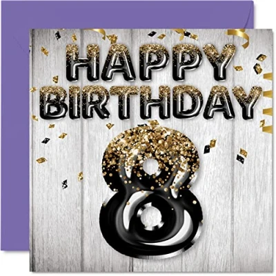 Imagen de Stuff4 Tarjeta de cumpleaños número 8 para niños, globos negros y dorados con purpurina, tarjetas feliz niños años, hermano, nieto, primo, 145 mm, felicitación
