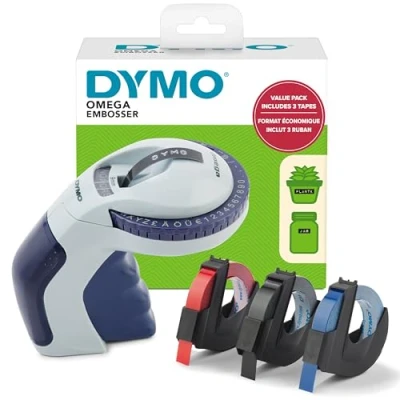 Imagen de Dymo etiquetadora en relieve con 3 cintas de etiquetas, kit iniciación Omega, diseño pequeño y ergonómico rueda clic giratorio, para el hogar, bricolaje manualidades