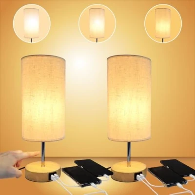Imagen de LED ATOMANT Pack 2x Lampara de mesa noche tactil regulable con USB A+C, 3 niveles brillo, Pantalla tela lino Beige, escritorio para dormitorio salon, Bombilla E27 incluida