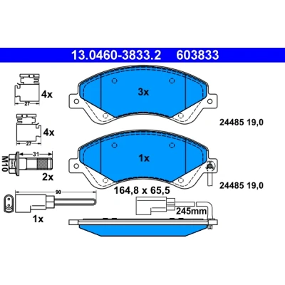 Imagen de ATE 13.0460 3833.2 Juego de pastillas freno con contacto avisador desgaste tornillos pinza accesorios FORD: Transit Mk6 Furgón