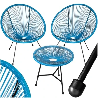 Imagen de tectake® Conjunto Muebles Jardín Exterior de Acero, Estilo Acapulco, 2 Sillas y 1 Mesa con Cristal, Terraza Resistentes a Intemperie,Topes en Patas, para Interior azul