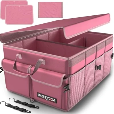 Imagen de FORTEM Organizador de Maletero Coche y SUV para Almacenamiento Caja Plegable con 2 Compartimentos Estándar Base Antideslizante Cinchas Ajustables Tapa Extraíble (Rosa)