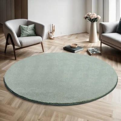Imagen de the carpet Relax Alfombra Moderna y mullida de Pelo Corto, para salón, Parte Inferior Antideslizante, Lavable hasta 30 Grados, Muy Suave, Verde, 120 cm Redondo