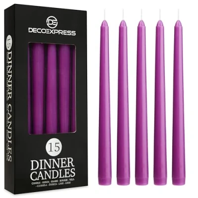 Imagen de Velas de Cena Decorativas Pack 10, 15 o 50 Blancas y Doradas Originales sin Goteo Larga Duración, 8 Horas Quema, Fragancia (Morado, Paquete 15)