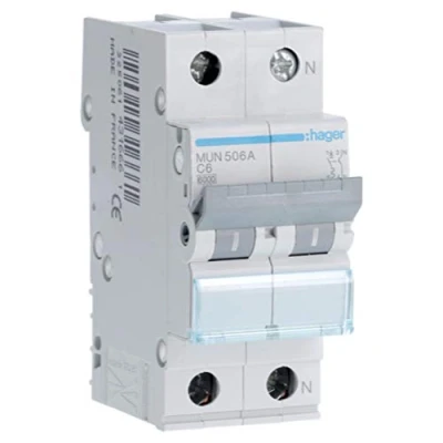Imagen de Hager MUN506A Interruptor Automático Magnetotérmico Serie MU, 1P+N, 6A, curva C, 6KA
