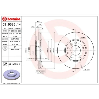 Imagen de BREMBO COATED DISC LINE 09.9585.11 Disco de freno 274 24 5 ventilación interna revestido MAZDA: 6 Berlina, Hatchback, Wagon