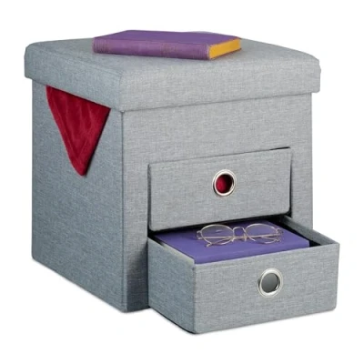 Imagen de Relaxdays Taburete Reposapiés con Almacenaje, 2 Cajones, Asas, Puf Moderno, Plegable, Acolchado, 39x37x37 cm, Gris, Poliéster