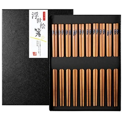 Imagen de 10 Pares Palillos de Bambu Japoneses Chopsticks Reutilizables Lavable con Caja Regalo Negra para Sushi Cocina Asiática, Pescado