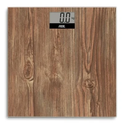 Imagen de ADE Báscula corporal digital en acogedora apariencia de madera gran pantalla iluminada superficie pesaje antideslizante vidrio seguridad resultados precisos
