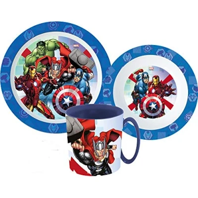 Imagen de Une, Vajilla infantil con plato, cuenco para cereales y vaso, incluye cubiertos (reutilizable) compatible Avengers