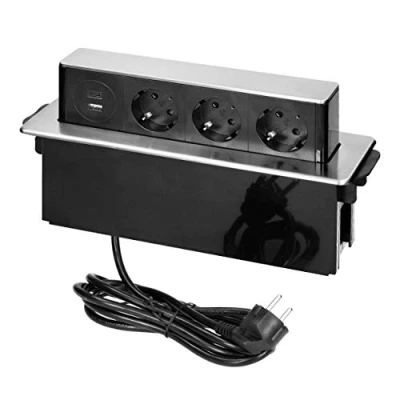 Imagen de ORNO Regletas Enchufes Enchufe con USB Elegante Carcasa Panel INOX de Acero Inoxidable Tres F Conexión A Tierra Y 2 Entradas (3 Tomas Corriente)