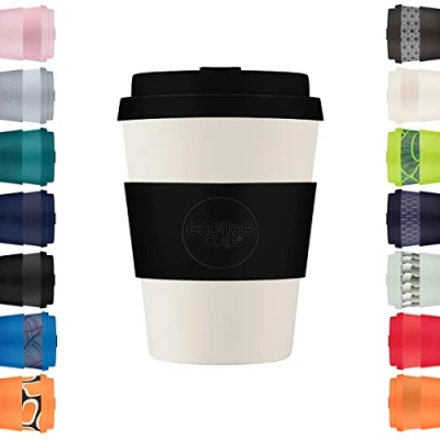 Imagen de Ecoffee Cup Taza de café reutilizable 350 ml, ecológica, 100% a base plantas, con tapa y funda silicona, sin melamina biodegradable, apta para lavavajillas microondas, color negro natural