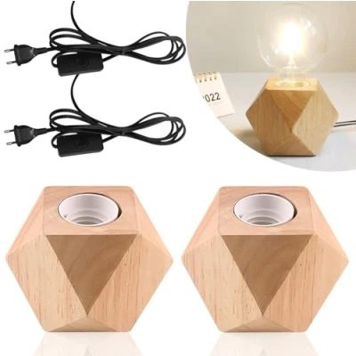 Imagen de Nizirioo 2 piezas lámpara de mesa madera, noche E27 base pequeña con madera diamante, enchufe UE perfecto para dormitorio/sala