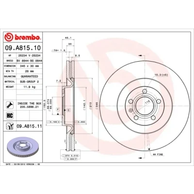 Imagen de BREMBO COATED DISC LINE 09.A815.11 Disco de freno 345 30 5 ventilación interna revestido altamente carbonizado con tornillos AUDI: A4 B7 Berlina