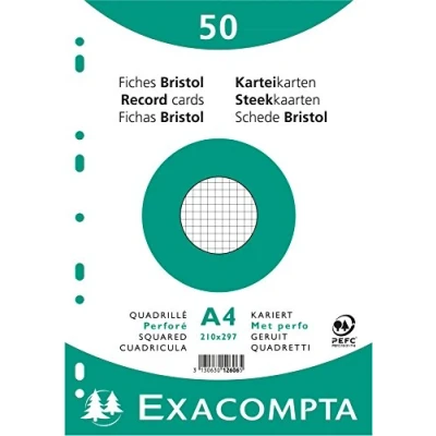 Imagen de Exacompta 12606E 50 fichas bristol rejilla perforada 5x5 en film compatible con impresora inkjet, láser y fotocopiadora formato 210 x 297 mm color blanco