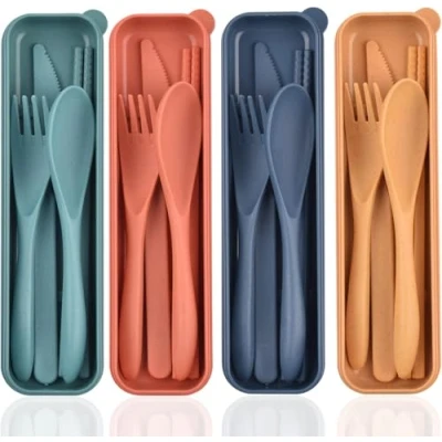 Imagen de juego de cubiertos viaje con estuche, plástico portátil reutilizable cuchillo tenedor cuchara palillos utensilios camping (4 juegos)