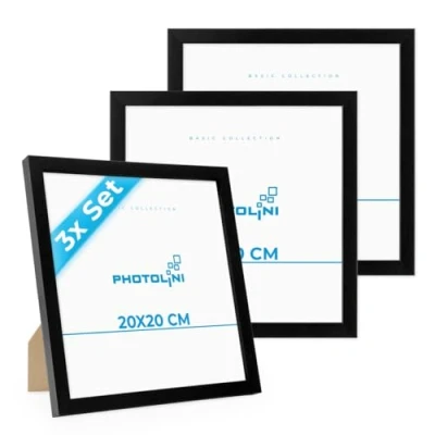 Imagen de PHOTOLINI marcos 20x20 cm negro madera MDF, set de 3 para pósteres, cristal acrílico, colgar y poner pie, incluye accesorios fotos, láminas pósteres