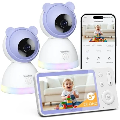 Imagen de YESIMOM 2K/3MP Camara Vigilancia Bebe con 2 Cámaras, 5&quot; IPS Pantalla, 360PTZ Vigilabebes App Movil, Visión Nocturnas, Detección de Movimiento/llanto, Audio Bidireccional, Canción Cuna, VOX