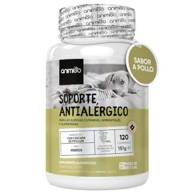 Imagen de Suplemento Natural Alergias para Aliviar Picor en Perros 120 Comprimidos Sabor a Pollo Complemento Hipoalergénico de Psyllium, Semillas Lino y Cúrcuma Antiácaros Antiinflamatorio