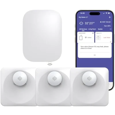 Imagen de Onherm Detector de Fugas Agua WiFi (WiFi 2.4G), Alarma Goteo y Fuga, 100dB, Impermeable IP66, Notificación App, Sensor Inalámbrico, 3 Detectores 1 Hub