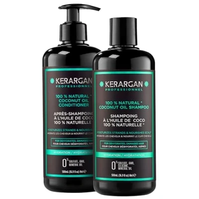 Imagen de Kerargan Duo Hidratante Champú y Acondicionador con Aceite de Coco para Cabello Deshidratado Dañado Nutre el Cuero Cabelludo Sin Sulfatos, GMO, Siliconas, Mineral 2x500 ml