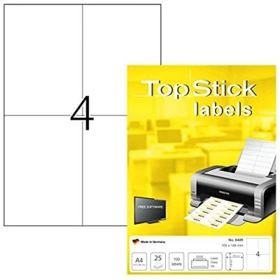 Imagen de TopStick 8409 Etiquetas universales A4, paquete de 32 (105 x 148 mm, 800 hojas, papel, mate) autoadhesivas, imprimible, pegatinas dirección permanente, 3200 adhesivos blancas