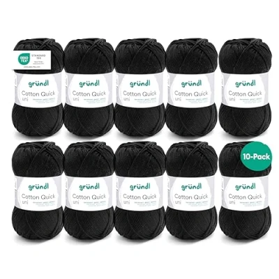 Imagen de Gründl Cotton Quick Uni, 10 ovillos Cada uno (Hilo de Color 100%, Certificado Oeko Tex, 50 g / 125 m, tamaño Aguja: 3 4, x g), Negro, Algodón, Nero, One Size, 1250