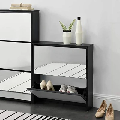 Imagen de [en.casa] Zapatero con Espejo 67 x 63 17cm 2 Compartimentos de Almacenamiento Mueble Organizador Zapatos Negro