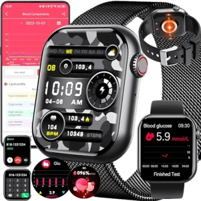 Imagen de Fohatu 𝐆𝐥𝐮𝐜𝐨𝐬𝐚𝐞𝐧𝐬𝐚𝐧𝐠𝐫𝐞 Reloj Inteligente Llamada Bluetooth Fitness Spo2 Frecuencia Cardiaca Ácido Úrico Lípidos En Sangre Monitor,130+ Deporte, Smartwatch para Android iOS,Black2