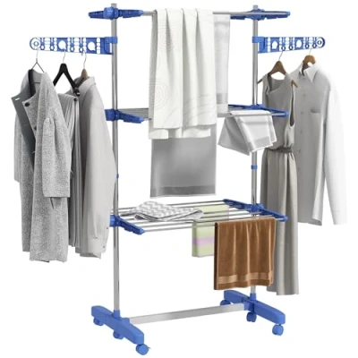 Imagen de HOMCOM Tendedero Vertical Plegable de Ropa con 6 Ruedas 2 Laterales Abatibles Estantes Ajustables y Marco Acero Inoxidable para Interior Exterior Azul