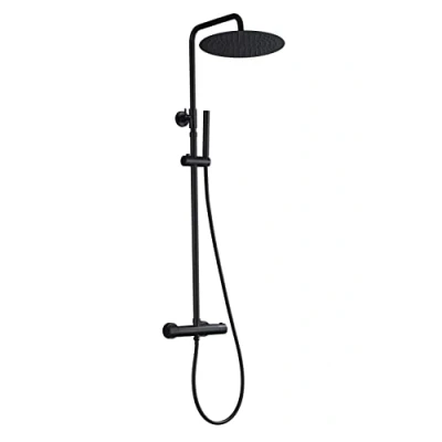Imagen de Görbach Columna Ducha Negra con Grifo Termostático Acero inox Set Monomando Mezclador de Hidromasaje Cuadrada Lluvia D30cm
