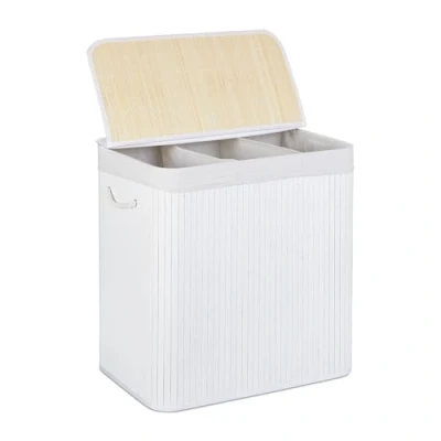 Imagen de Relaxdays Ropa Sucia, 3 Compartimentos, con Tapa, Cesta Colada Rectangular, 62 x 62,5 42,5 cm, Bambú, Blanco, Poliéster