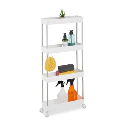 Imagen de Relaxdays nicho Blanco Carro Auxiliar Estrecho, 4 Niveles, Ruedas, Cocina, Baño, 88x41,5x14,5 cm, Plástico, Acero Inoxidable