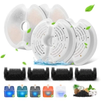 Imagen de filtro fuente de agua gato 4 piezas repuesto para 67oz/2L con iluminación nocturna LED, filtros carbón activo y espuma 2L perro