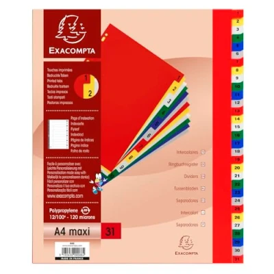 Imagen de Exacompta Ref. 88E Cartón de 20 separadores polipropileno con 31 pestañas impresas digitales 1 a en color Página indexación imprimible para A4 maxi Dim 24,5 x 29,7 cm